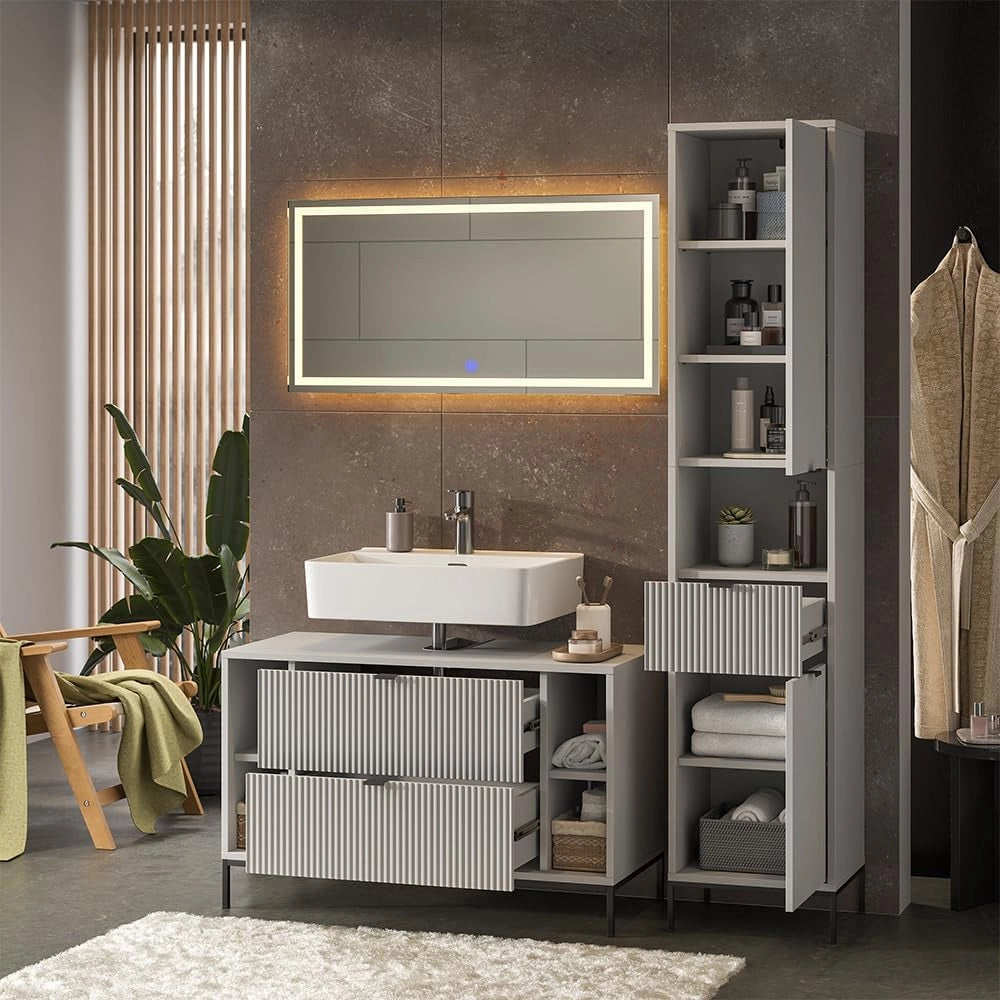 Set di mobili da bagno Eliza, Grigio, 100 cm, composto da mobile sottolavabo, specchiera e colonna alta