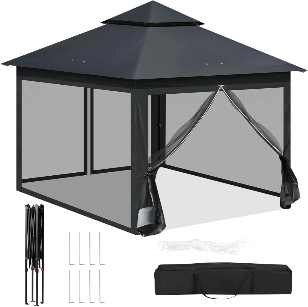 Gazebo da Giardino per Esterni, Gazebo 3x3 Pieghevole Idrorepellente, con Zanzariera Rimovibile, Doppio Tetto, Borsa per Trasporto, Resistente ai Raggi UV, Beige