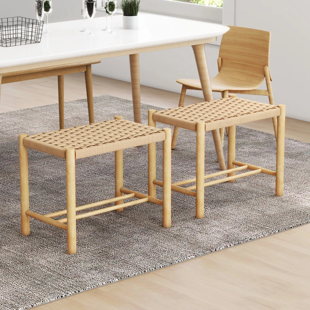 2 Sgabelli in legno di gomma con seduta intrecciata in carta, Sgabelli senza schienale Naturale 56x36x45cm-Sgabelli
