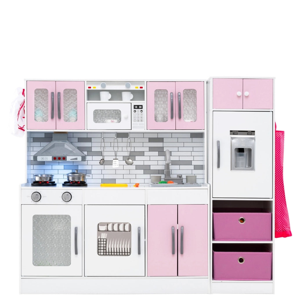 Cucina legno da gioco con spazio di stoccaggio e accessori, Cucina legno da gioco con luci e funzioni interattive Rosa