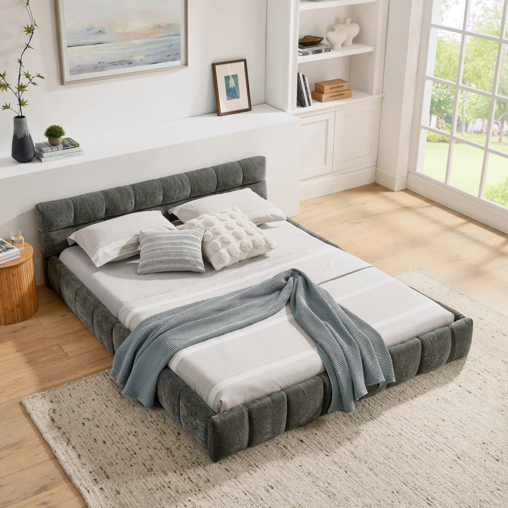 Letto matrimoniale 160x200 cm in chenille grigio scuro con struttura in eucalipto e ferro