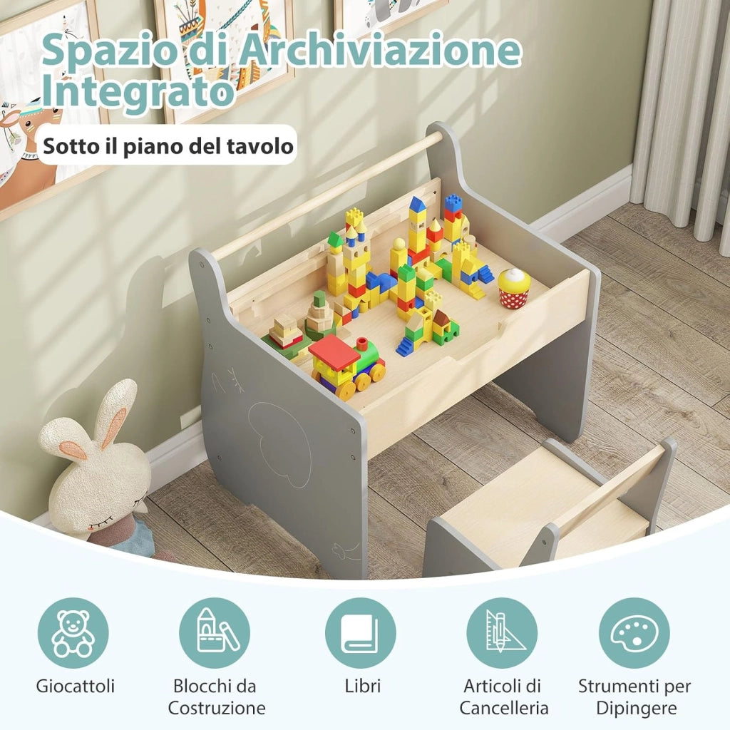 Set Tavolo e Sedia per Bambini 2 in 1, Set con Scrivania e Sedia in Legno per Bambini con Piano Rimovibile, Spazio di Archiviazione e Porta Rotolo di Carta per Aula e Cameretta (Grigio)
