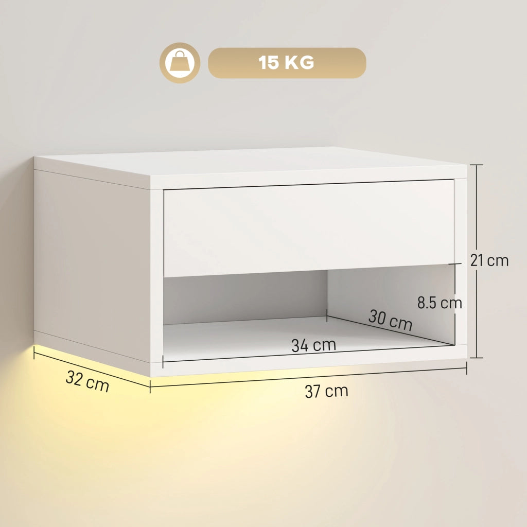 Set 2 Comodini Sospesi 37x32x21 cm con LED RGB Integrati e Regolabili con APP Cassetto e Ripiano Bianco