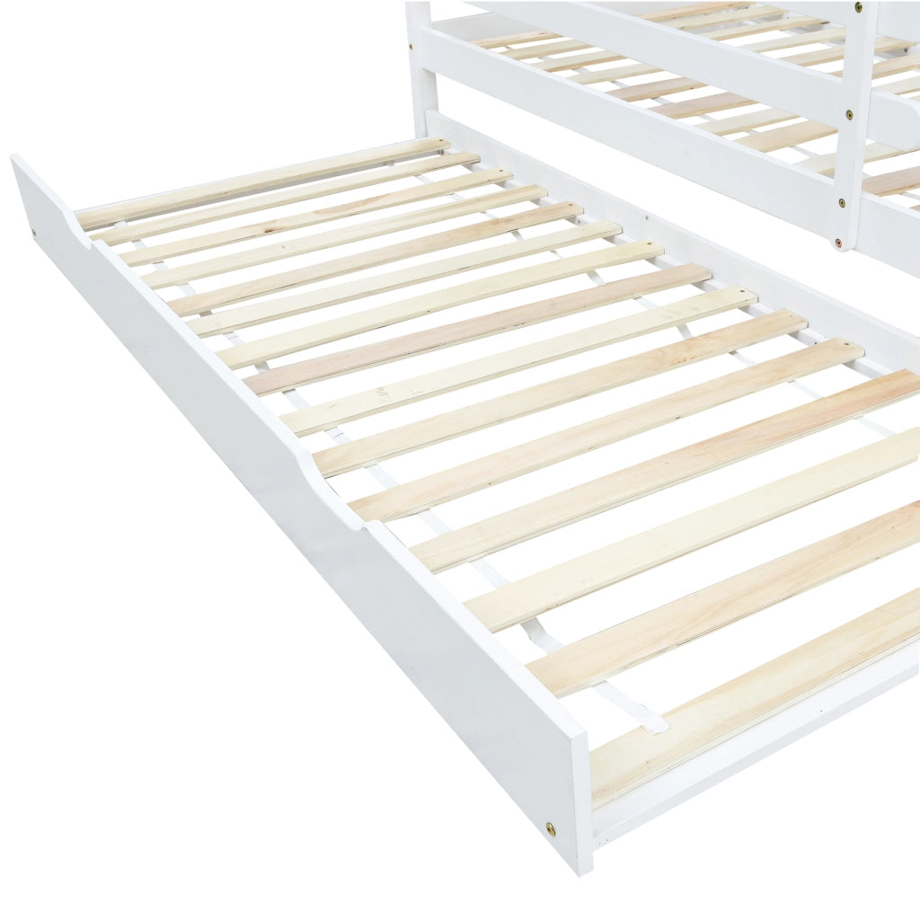 Letto Casetta 90 x 200 cm - Estraibile con Rotelle e Sponda - Legno - Bianco e Naturale