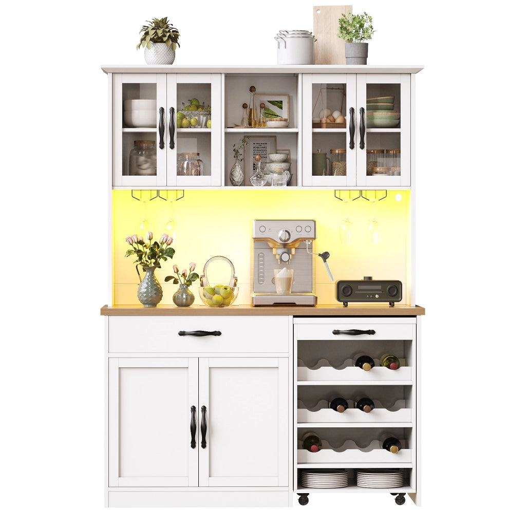 Credenza con LED dimmerabile e carrello estraibile, per cucina e sala da pranzo, in MDF, bianco, 140 × 38 × 180 cm