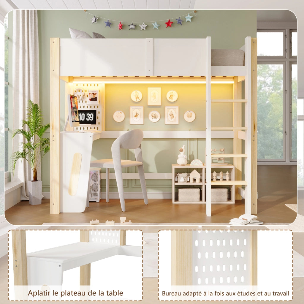 Letto a soppalco per bambini 90x200 cm, letto rialzato con scrivania integrata, pannello forato, illuminazione LED, pino, naturale e bianco