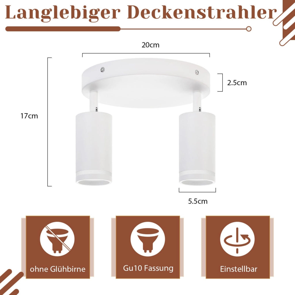 ZMH Faretto da soffitto Rotondo Bianco 2 Luci GU10 Orientabile da Interno in Metallo per Corridoio Senza Lampadine