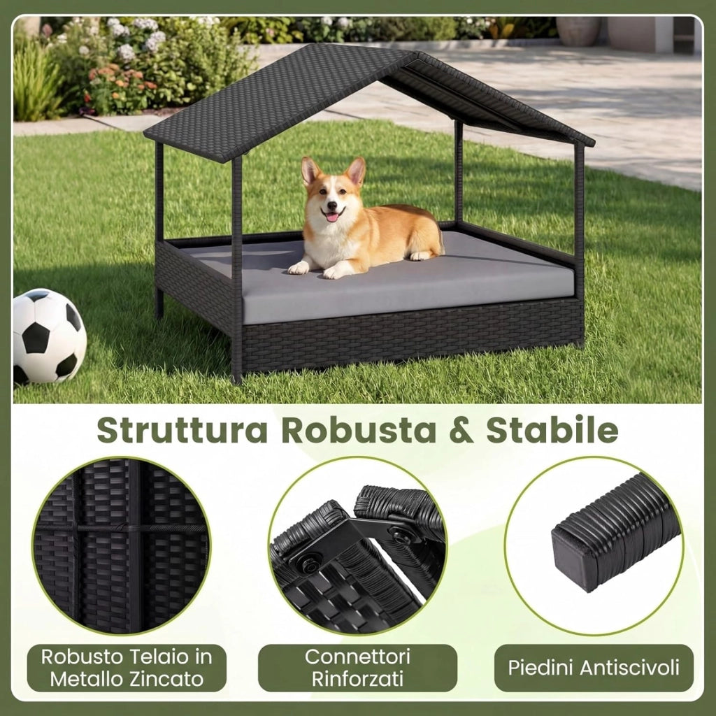 Casetta per Cani da Esterno e Interno, Letto Rialzato in Rattan con Struttura in Metallo, Tetto Impermeabile e Cuscino Rimovibile, per Cani di Taglia Piccola e Media fino a 60 KG (Grigio)