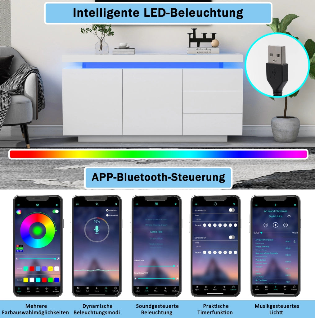 Credenza moderna bianca lucida con illuminazione LED e ampio spazio contenitivo