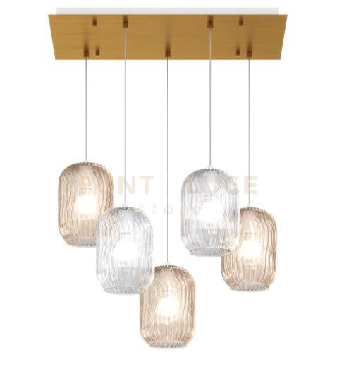 SOSPENSIONE OTTONE SAT. 5 LUCI RETTANGOLARE VETRI 2X TR + 3X AM 1181OS-S5 R-TA