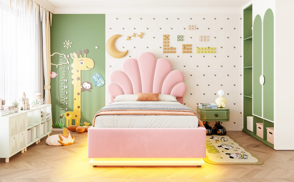 DESMIU Letto singolo 90 × 200 cm con contenitore idraulico, LED e testiera floreale, senza materasso, rosa