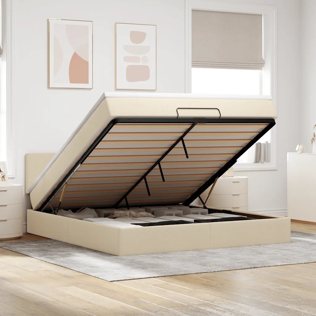 Pouf Letto con Materasso e LED Crema 180x200cm in Tessuto 3312248