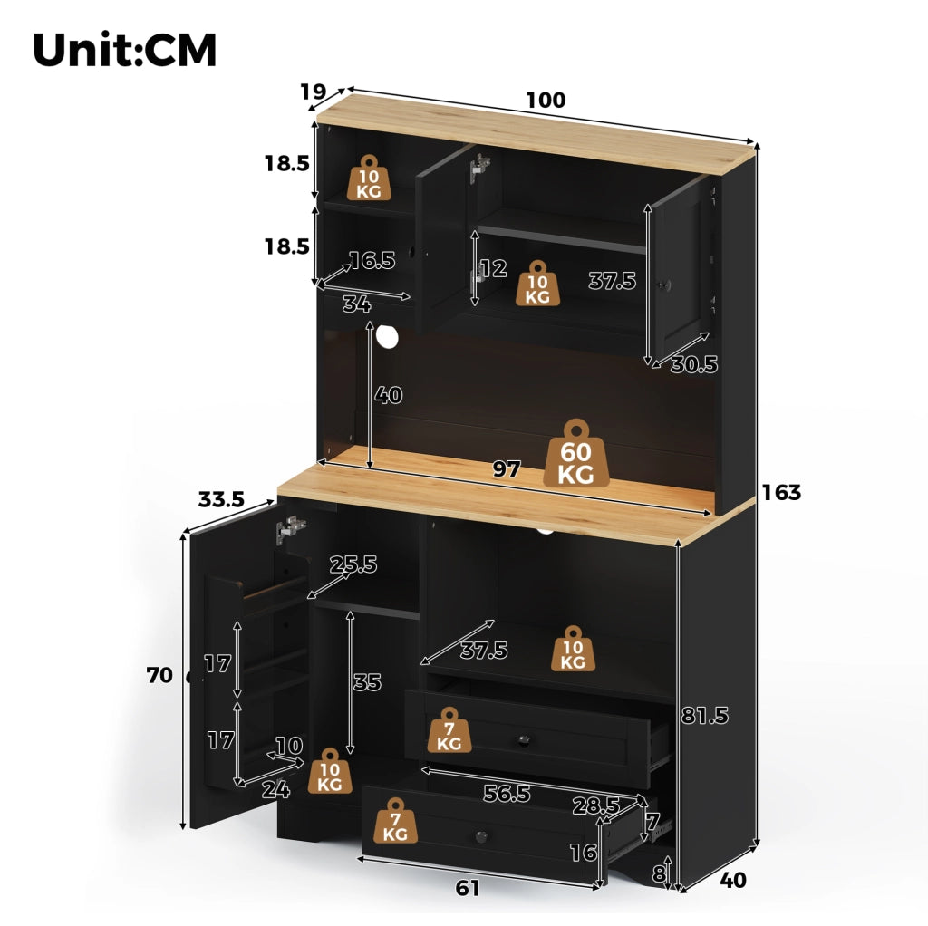Credenza cucina multifunzione 100x40x163 cm con LED; prese; 2 cassetti e ripiani regolabili; nero