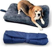 Design lussuoso cuscino per viaggi con piumino grigio, impermeabile, blu scuro, forma fissa, lavabile in macchina - 2-in-1 asciugamano per cani, dimensioni L 76 x 46 x 14 cm