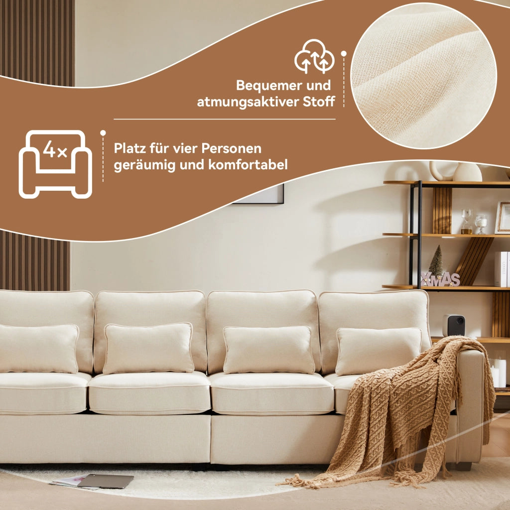 Divano 4 Posti con Tasche Laterali e 4 Cuscini Lombari; in Tessuto di Lino; Beige; 264 × 83 × 87 cm