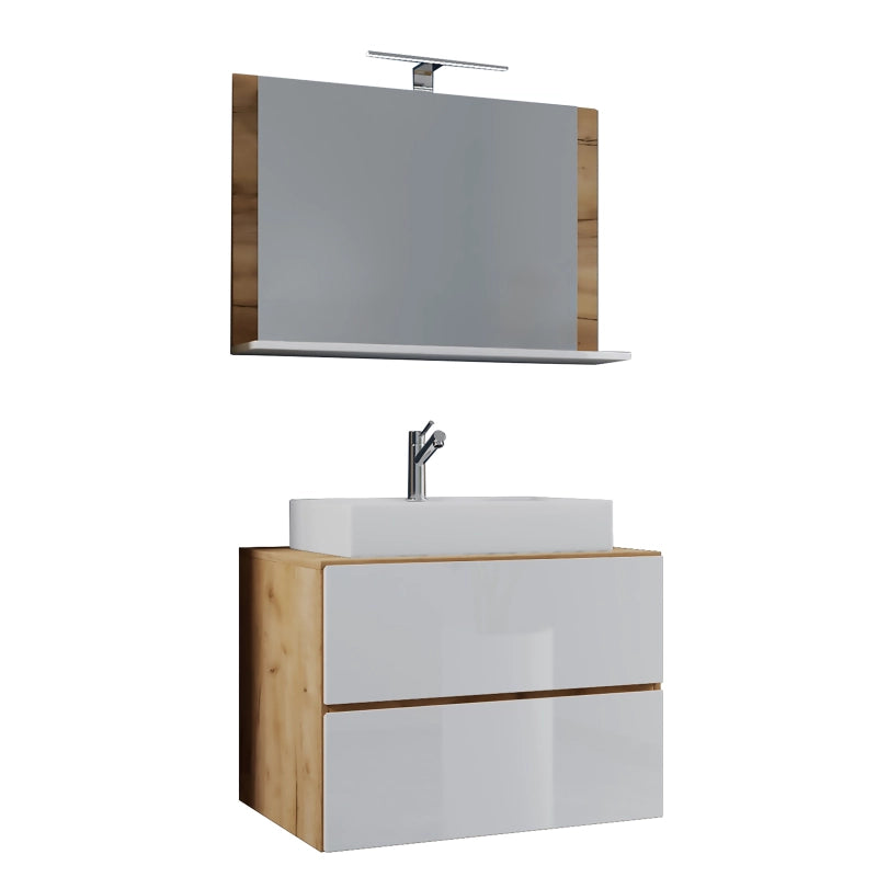 Luce Mobile Sospeso con 2 cassetti Large con lavabo in ceramica di alta qualità e specchio, Rovere/Bianco , lavabo Bianco