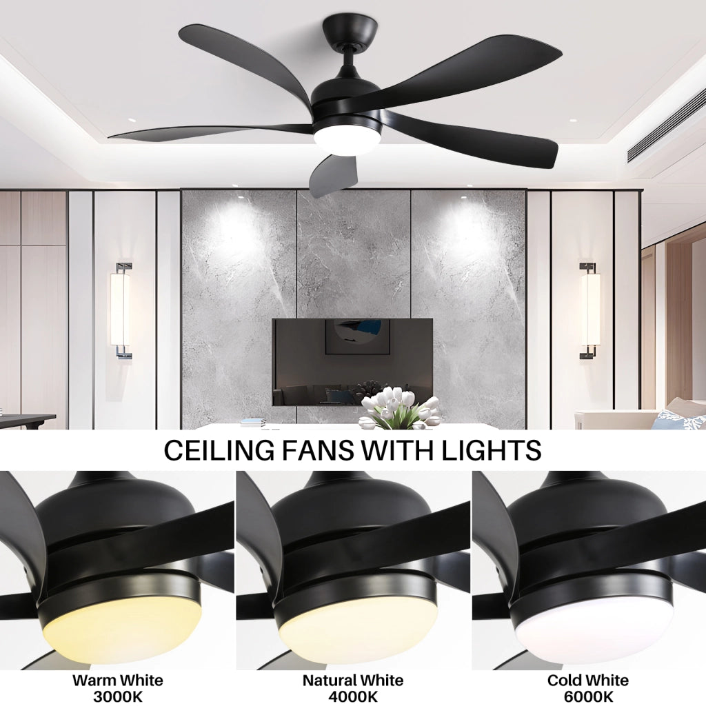 Ventilatore da soffitto LED 132 cm in ABS nero con telecomando e luce dimmerabile