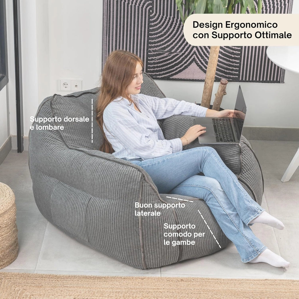 Pouf Poltrona per Salotto e Camera - Tessuto in Velluto a Coste Morbido ed Elegante - Poltrona Sacco Generosamente Imbottito, Ideale per un Ambiente Accogliente (Grigio Scuro)