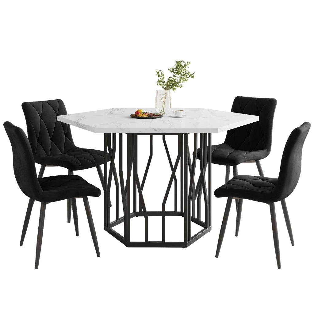 Tavolo da pranzo con 4 sedie, piano effetto marmo e struttura in metallo nero, per sala 115,5 × 100 × 75 cm