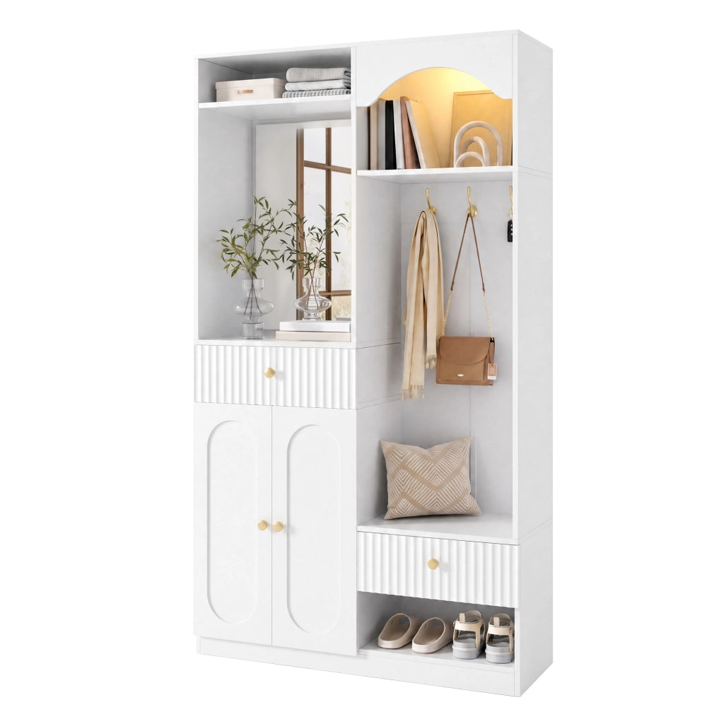 Mobile ingresso con specchio; ganci; panca; 2 ante; ripiani regolabili; LED; per ingresso; 100 Ã— 35 Ã— 180 cm