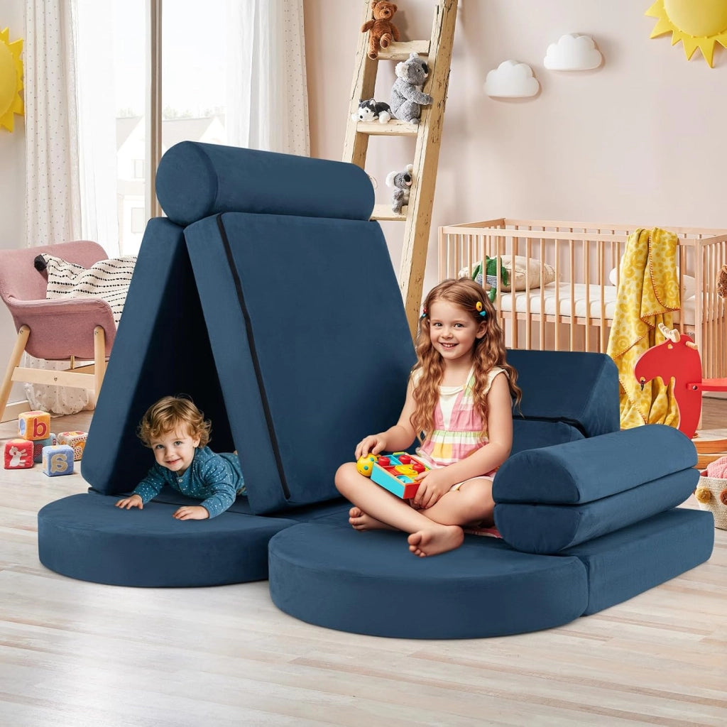 Divano in stile Block 13 Pezzi per Bambini, Divanetto Convertibile per Asilo, Cameretta e Soggiorno, Cuscini Bambini Gioco Blocchi (Blu)