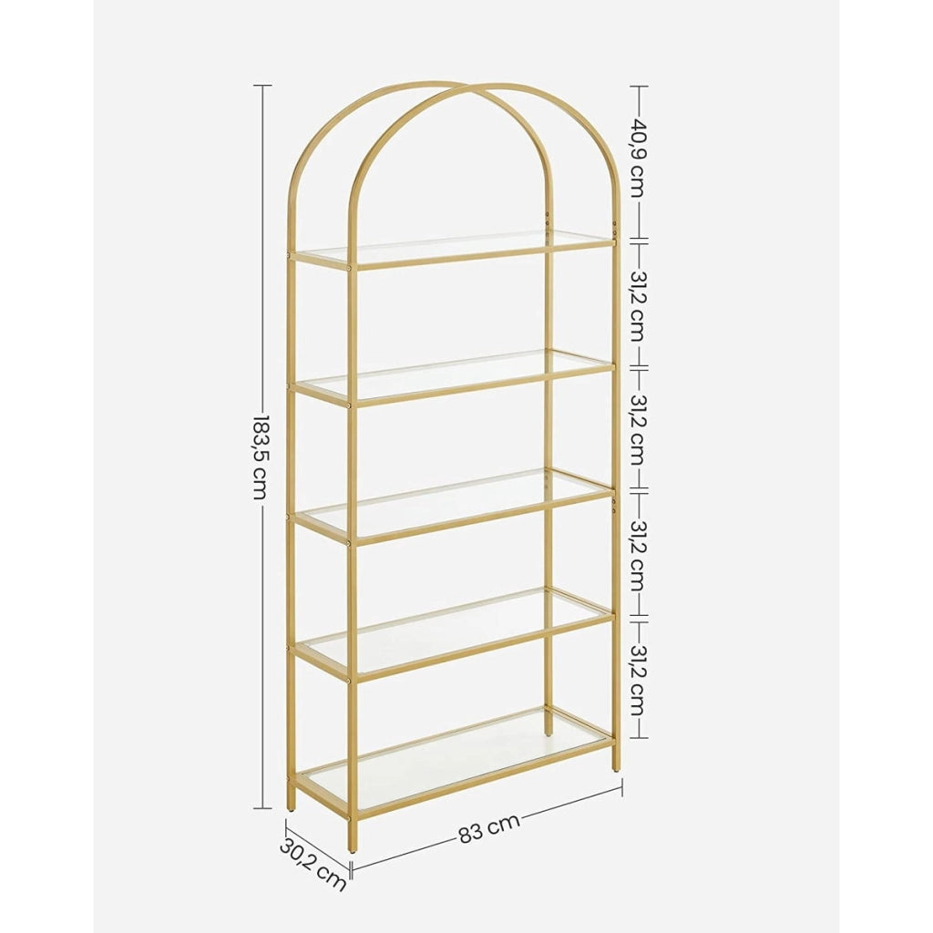 Libreria ad arco in vetro e metallo dorato con 5 ripiani