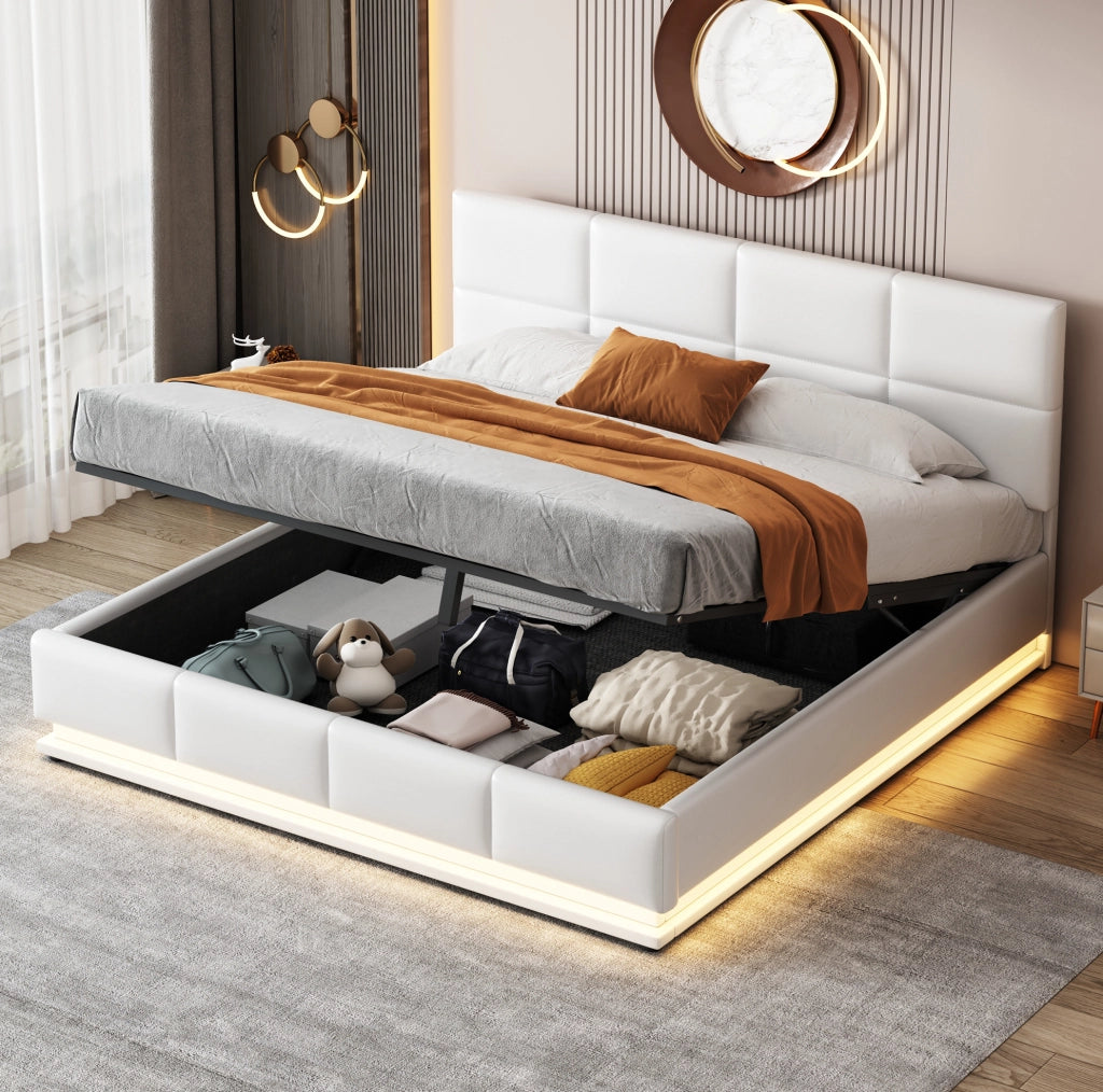 Letto matrimoniale imbottito 160x200 cm con LED e vano contenitore