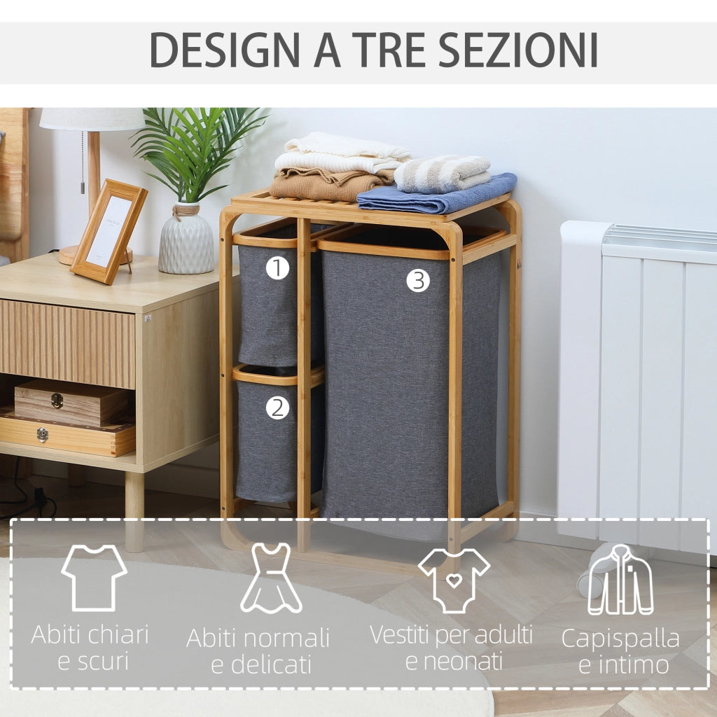 Cesto Portabiancheria con 3 Scomparti in Tessuto e Bamb¨´, 50x32x69.7cm