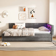 Letto estraibile matrimoniale 140×200 cm con USB e tipo c; LED e ripiani; senza materasso; lino; grigio