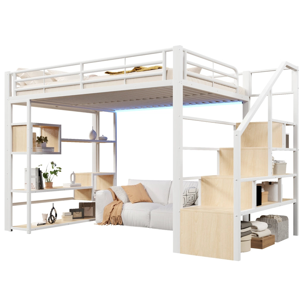 Letto a soppalco 140x200 cm con spazio libero sottostante; LED; ripiano; gradini integrati e parapetto; metallo bianco