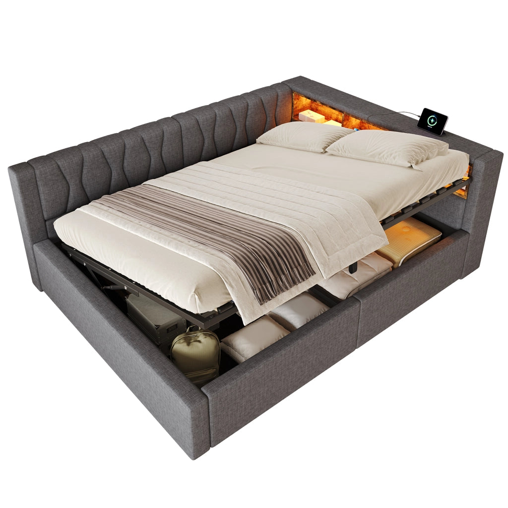 Letto contenitore 140x200 cm con sollevamento idraulico; LED dimmerabile; testiera con ripiano e USB; grigio