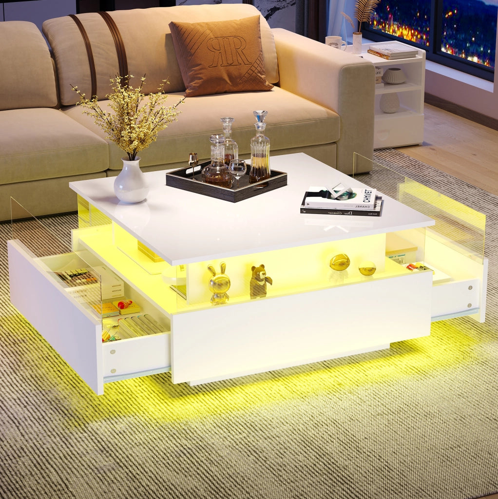 Tavolino da salotto moderno bianco 70x70x41 cm con LED; 2 cassetti e vano trasparente