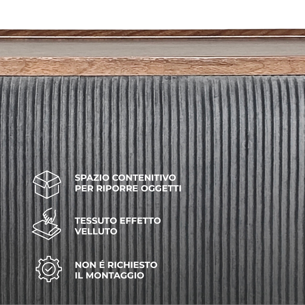 Set 3 Pouf Contenitore con Tavolino da Salotto Ovale in Velluto e Coperchio in Legno, 2 Pouf Interni Salvaspazio, Tavolino Contenitore Moderno, Seduta Imbottita Grigio Scuro