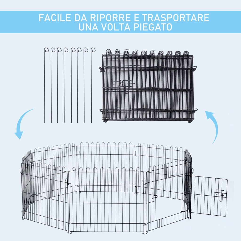 EasyComfort Recinto per Cani e Cuccioli 8 Pannelli in Acciaio, Gabbia per Cani, Box per Animali Domestici da Interno e Esterno, Ø180x61 cm, Nero