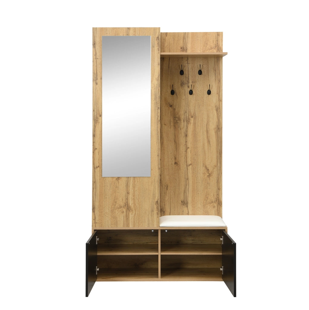 Set Appendiabiti con Specchio, Scarpiera, Panca e Mensola in MDF, 191x100x38 cm, Nero e Legno