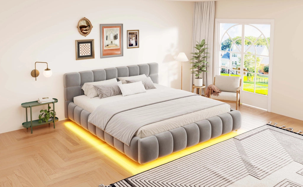 Letto imbottito con contenitore idraulico e LED, 160x200 cm, velluto grigio
