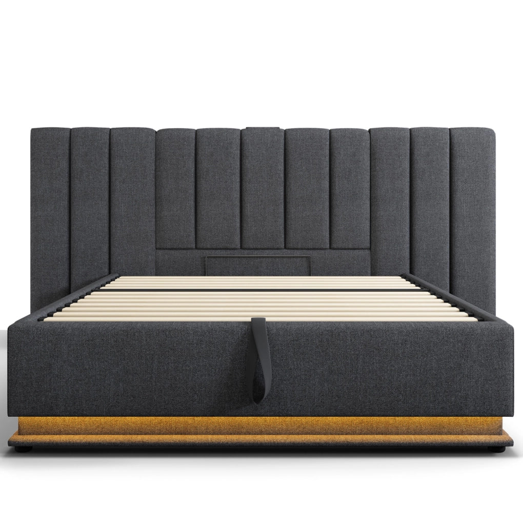 Letto matrimoniale 160x200 con LED 360°, USB e contenitore idraulico