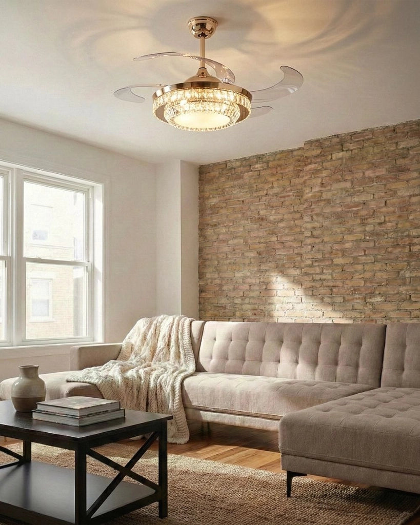 Ventilatore da soffitto con regolazione della luce e della velocità oro stile moderno glam soggiorno