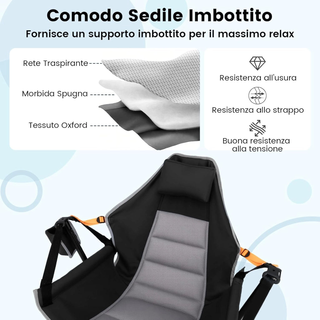 Sedia da Campeggio Amaca, Sedia a Dondolo Pieghevole con Portabicchieri, Schienale Regolabile, Poggiatesta, Sedile a Dondolo per Giardino, Patio, Prato, Portata 150 kg (Nero)