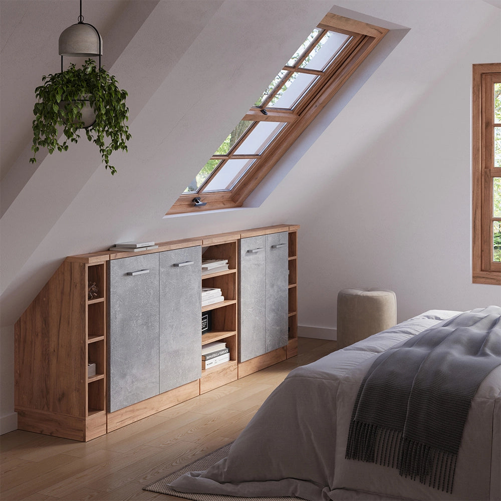 Mobile cucina sottotetto R-Line Calcestruzzo/Rovere dorato 210 cm Set di 5 Vicco