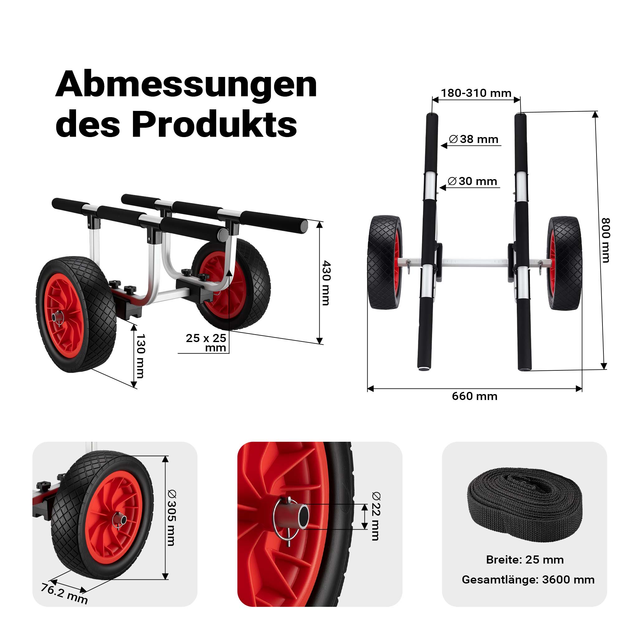 Carrello da trasporto in alluminio con ruote grandi in PU Ø 31 cm Larghezza regolabile Per kayak