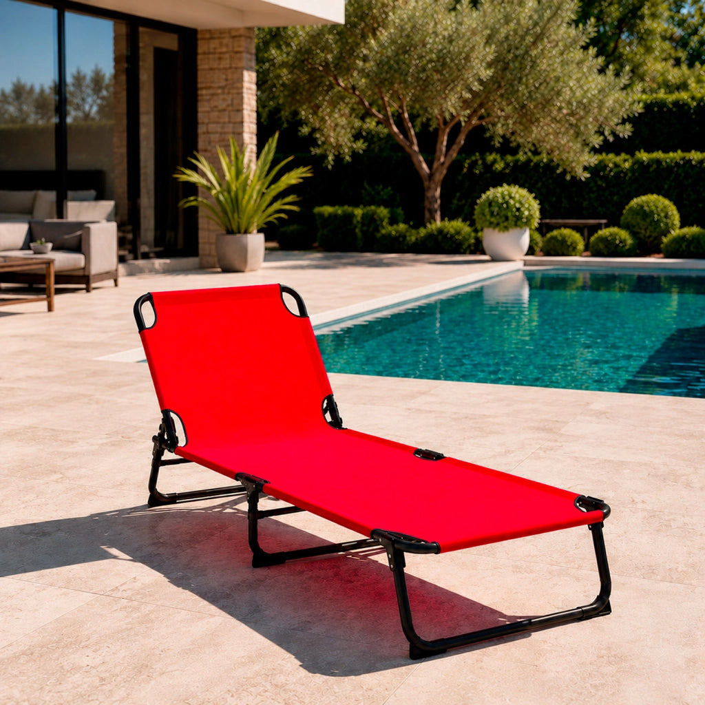 Lettino Pieghevole Prendisole Senza Tettuccio Parasole Schienale Reclinabile Regolabile Struttura In Metallo Nero Sedia Sdraio Per Spiaggia Mare Giardino Piscina 187 x 53 x 24 Cm (Rosso)