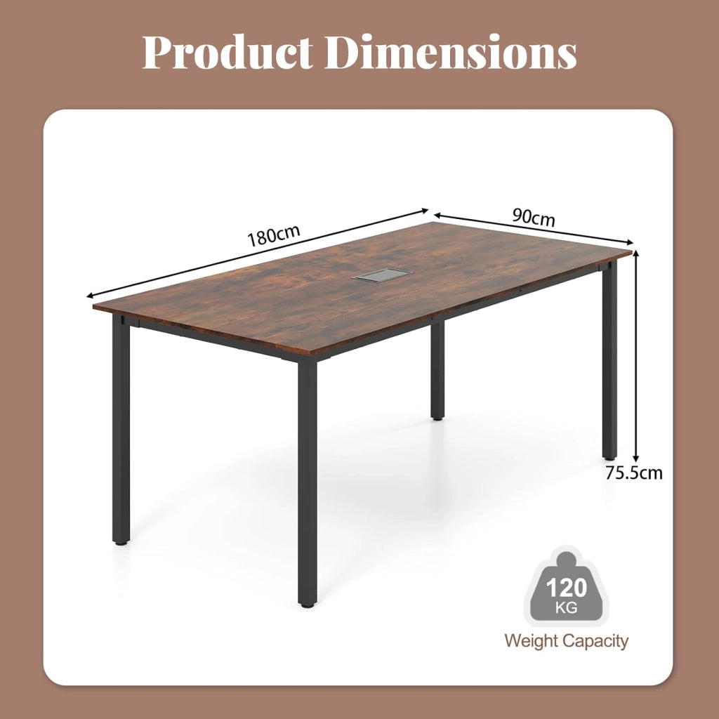 Tavolo da conferenza, 180 x 90 cm, con foro cavo, gambe in metallo, extra lungo, per sala riunioni, sala riunioni, marrone rustico, per 8-10 persone