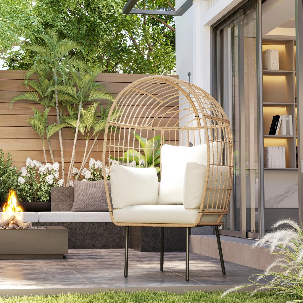 Poltrona in Rattan Ovale con Cuscino Esterno ¨C Zephmum ¨C Beige 95x80x155 cm