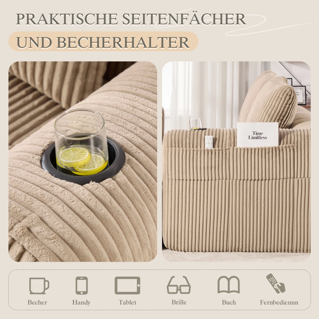Divano a 2 posti in corduroy con tasche laterali e portabicchieri, schiuma ad alta densità e molle, khaki