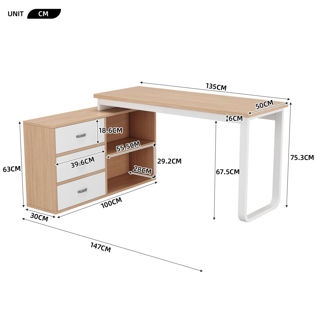 Scrivania lineare con 3 cassetti e 2 vani aperti, struttura in MDF e metallo, finitura naturale e bianco per ufficio