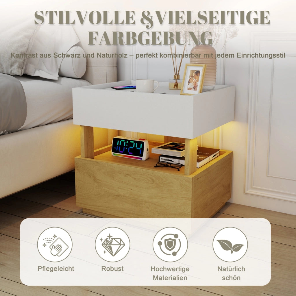 Comodino, 2 cassetti, tavolino a due ripiani, luce a LED, bianco e color legno naturale