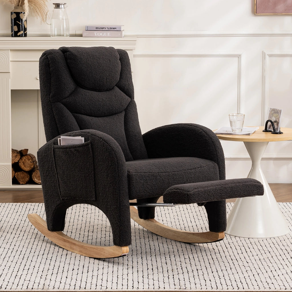 poltrona a dondolo con poggiapiedi pieghevole; schienale ergonomico; tessuto effetto peluche grigio scuro