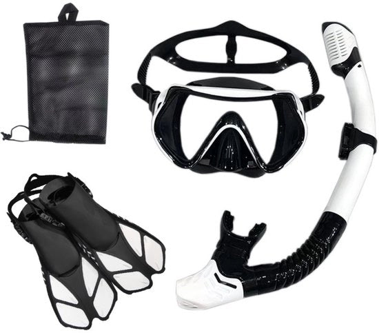 Attrezzo da snorkeling per adulti - maschera, pinne, set di snorkeling - maschera da immersione panoramica - pinne per camminata - snorkel secco - set a 3 pezzi per immersioni sportive all'aperto - set da immersione da nuoto - misura L/XL (42-45)