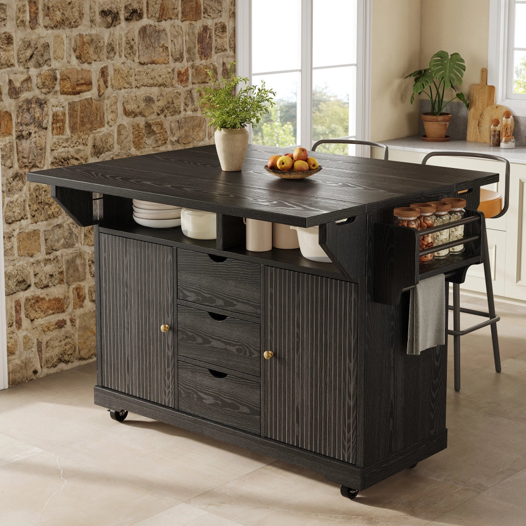 Carrello da cucina con 3 cassetti e ripiani regolabili; 2 allunghe pieghevoli; per cucina e sala da pranzo; in MDF e metallo; nero